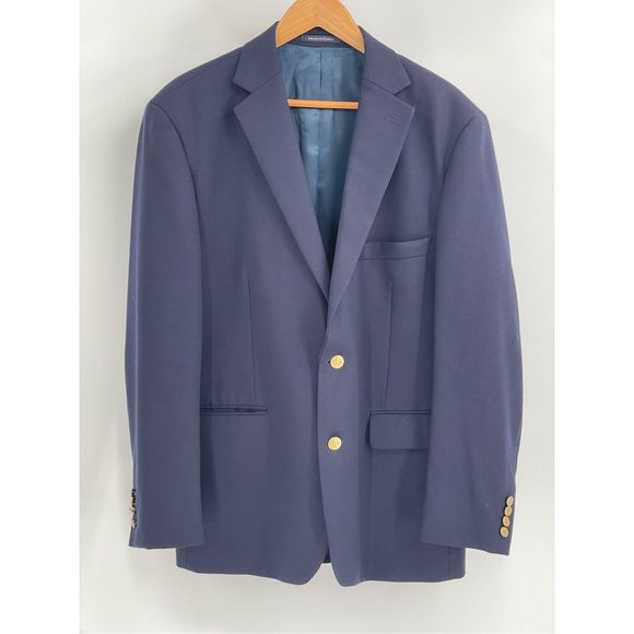Lands End Blazer Sport Coat‎ Suit Jacket Men Size 44 Blue Gold Button Wool - Picture 1 of 11